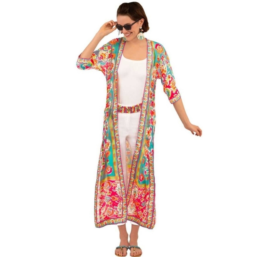 Gretchen Scott Kimono Jacket Long Watteau Turquoise Beach Cover Up